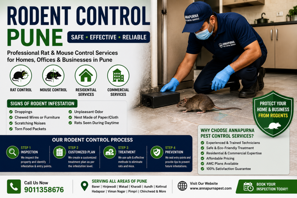 Professional pest control technician performing rodent control treatment in a warehouse in Pune.