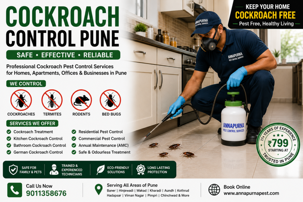 Professional pest control technician applying cockroach treatment in a Pune kitchen.